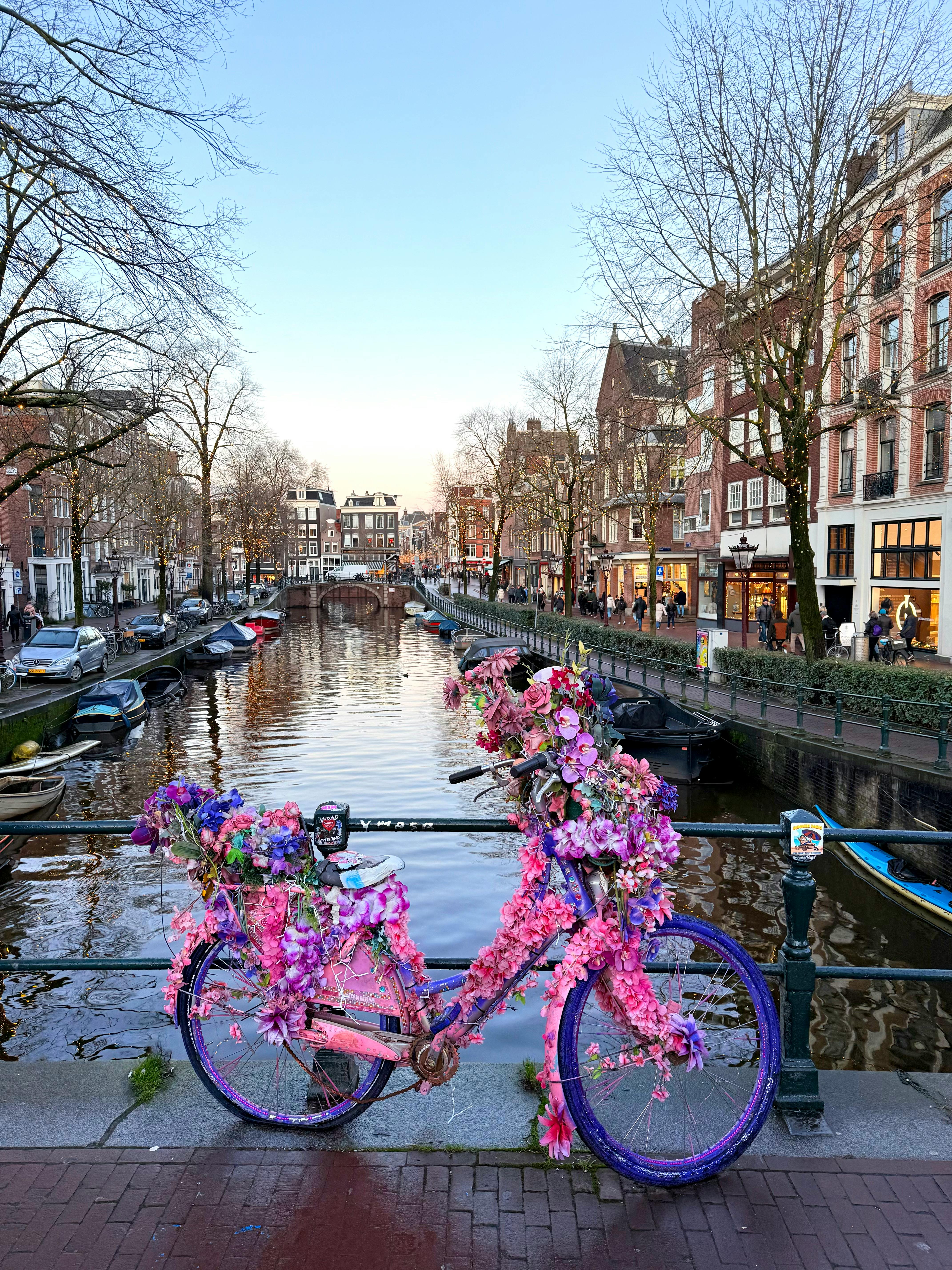 Cityscape with canals, bicycles, and historic buildings