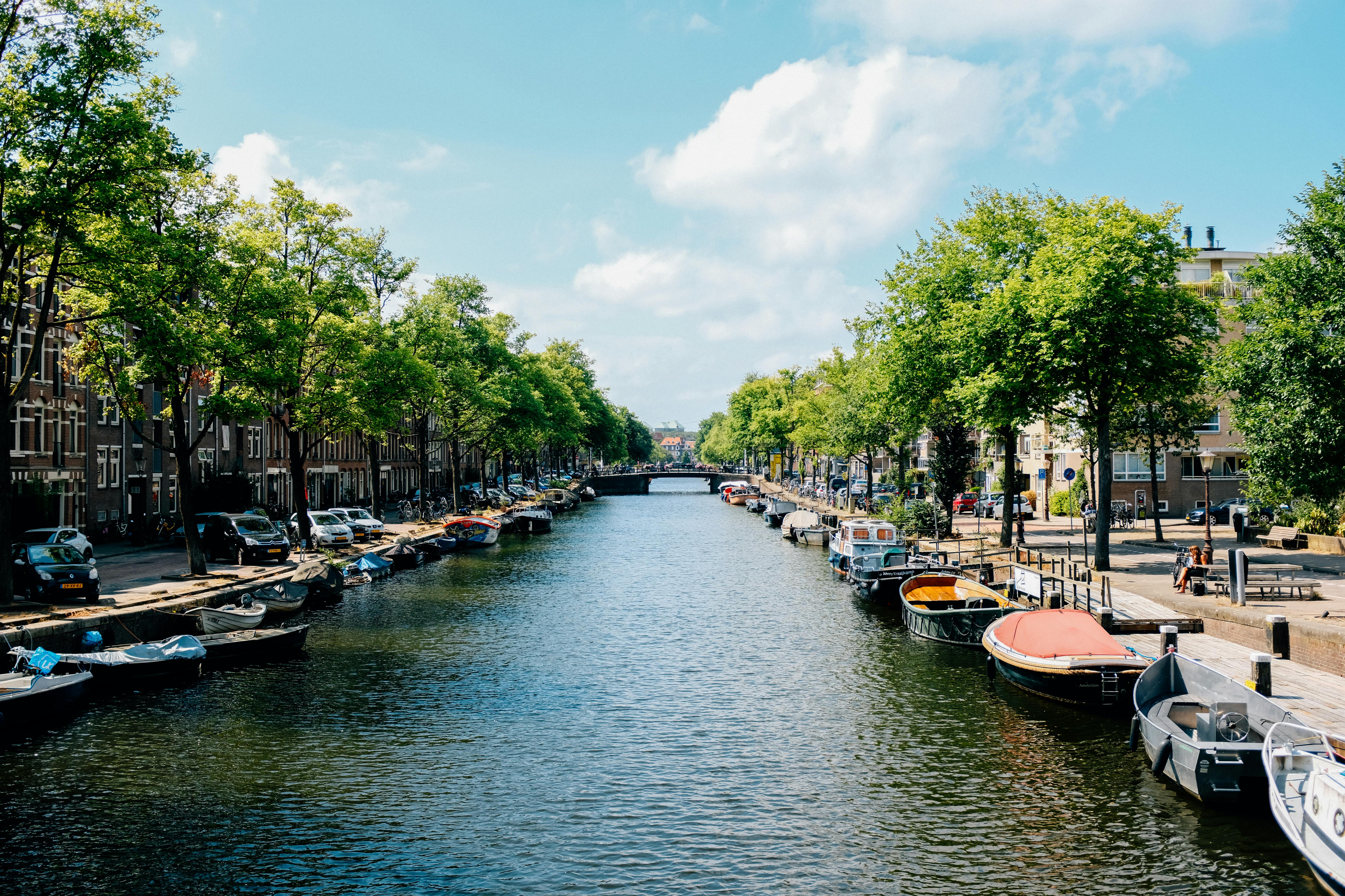 Scenic view of Amsterdam canals and cityscape