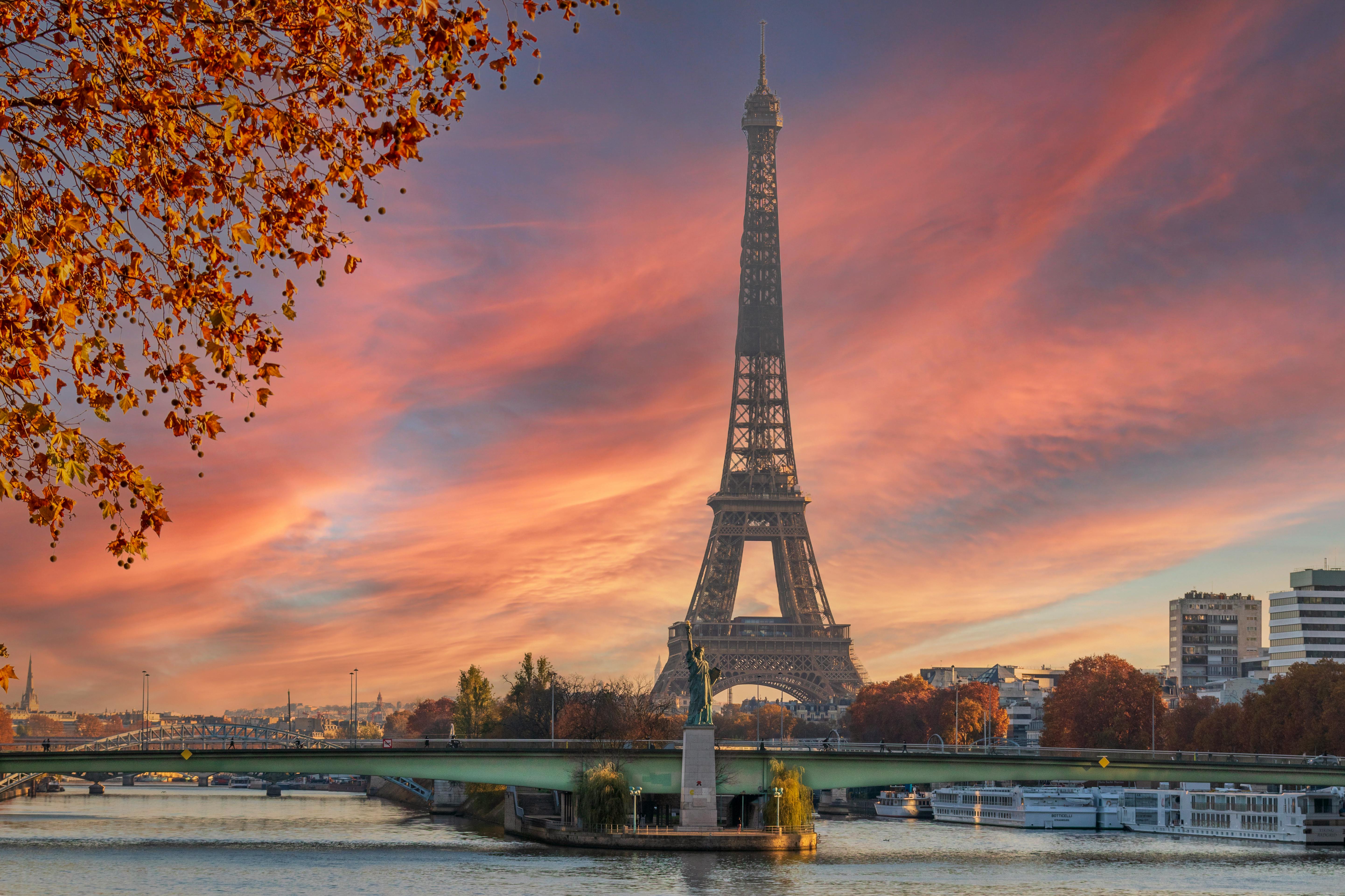 Paris Travel Attractions Eiffel Tower at sunset with cityscape